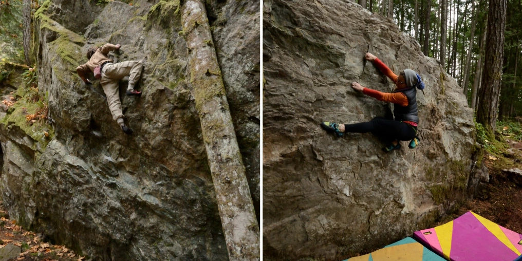 Two climbers on basalt boulders near Comox Lake, Vancouver Island