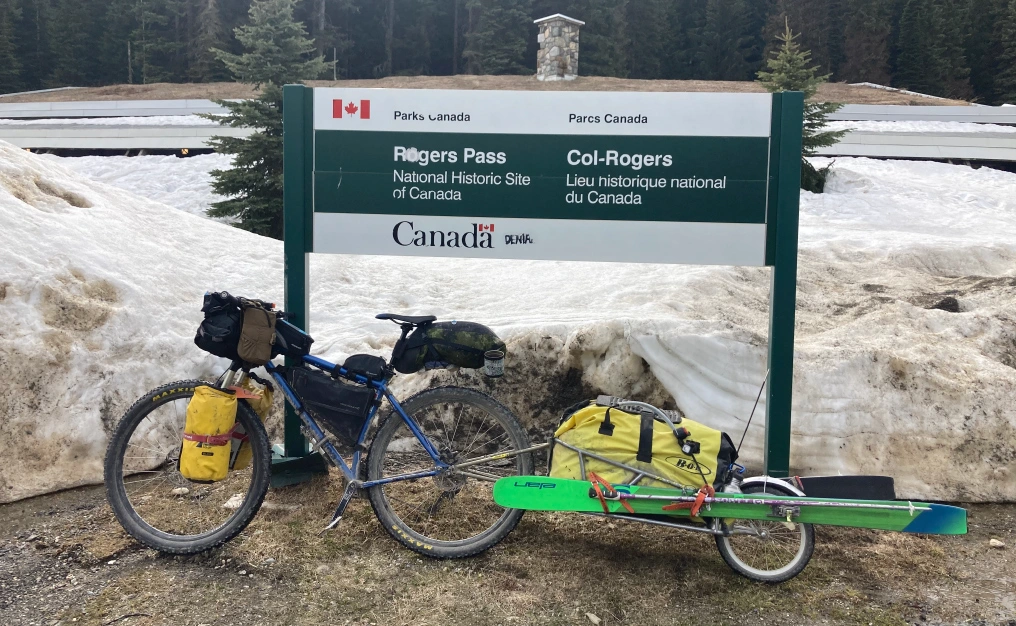 Bikepacking setup with skis at Rogers Pass National Historic Site in BC