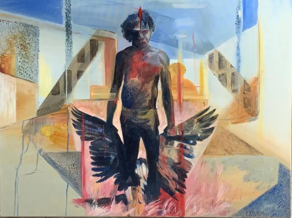 Artistic painting of a man holding a pair of wings