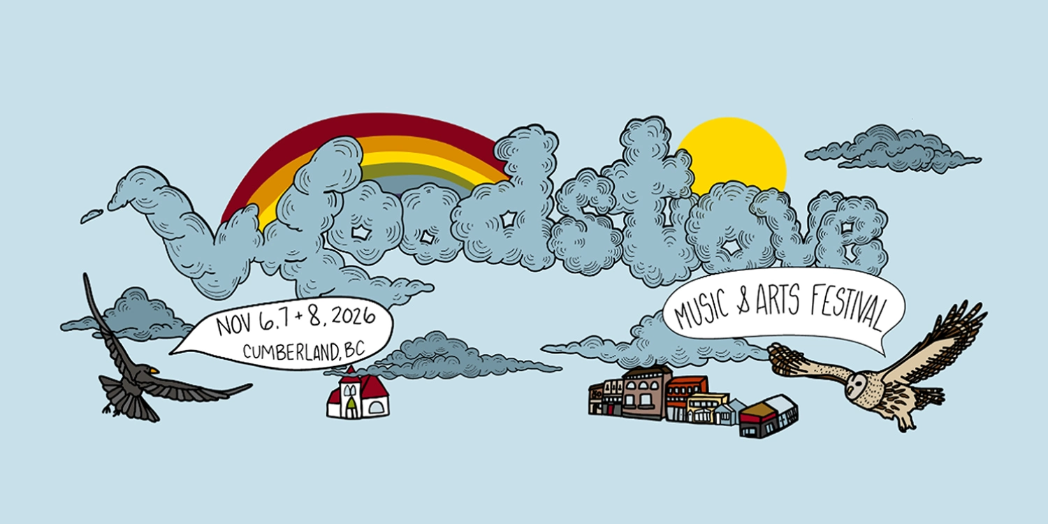 Woodstove Festival A whimsical banner illustration of the town of Cumberland and the woodstove festival