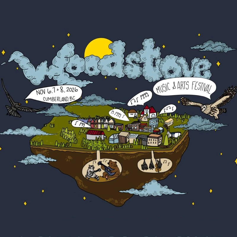 Woodstove Festival a whimsical illustration of the town of Cumberland and the woodstove festival.