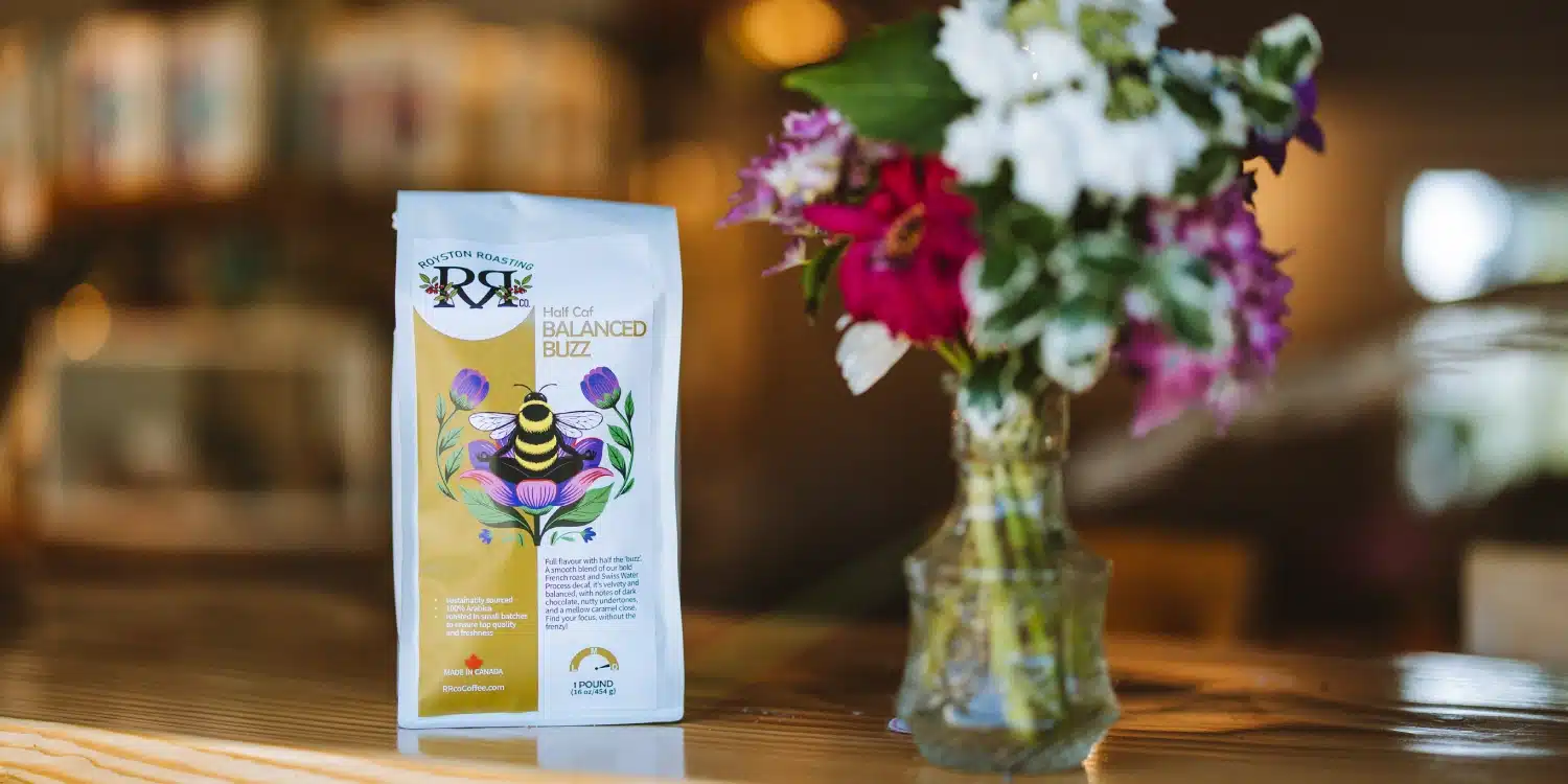 Royston Roasting Co Coffee label with bumble bee label