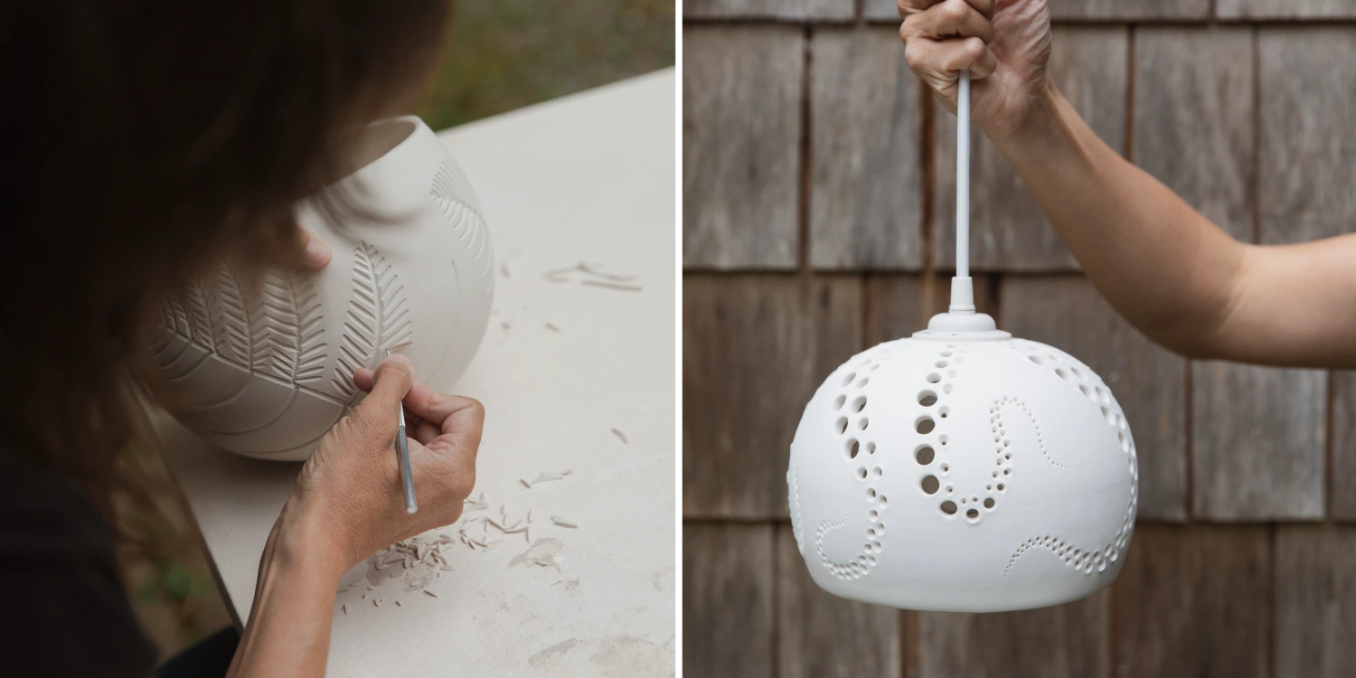 Ramona Gregory demonstrating slip cast technique in her Merville studio