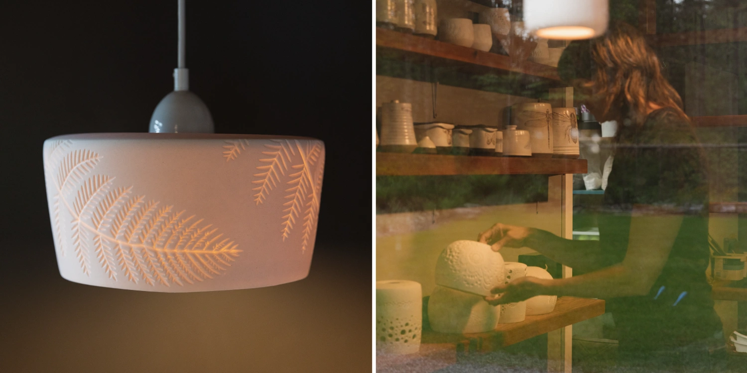 Hand-carved porcelain lamp created using slip cast method