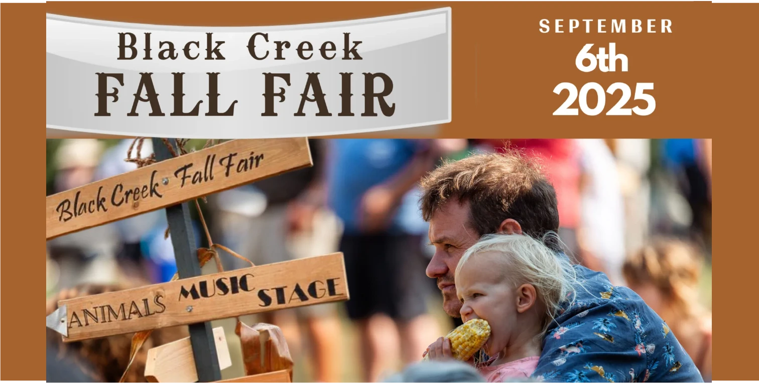Black Creek Fall Fair September 6th 2025 poster showing father and daughter enjoying corn at community festival with animals and music stage