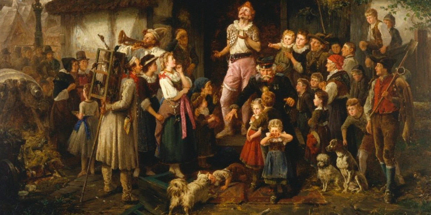 foggy mountain fall fair image is a paointing by Fritz Beinke title 'The Juggler.'