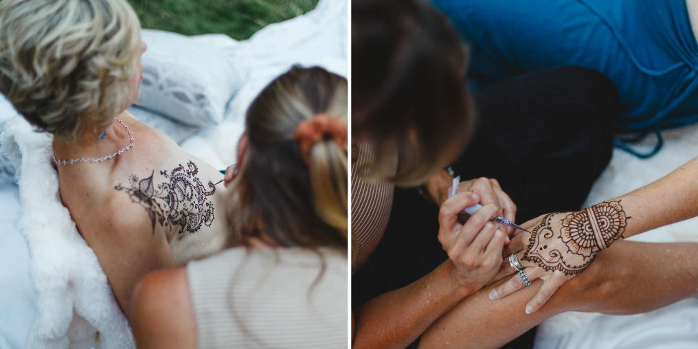 Healing through art Intuitive artist applying henna and jagua body art for healing after breast cancer and explant surgery