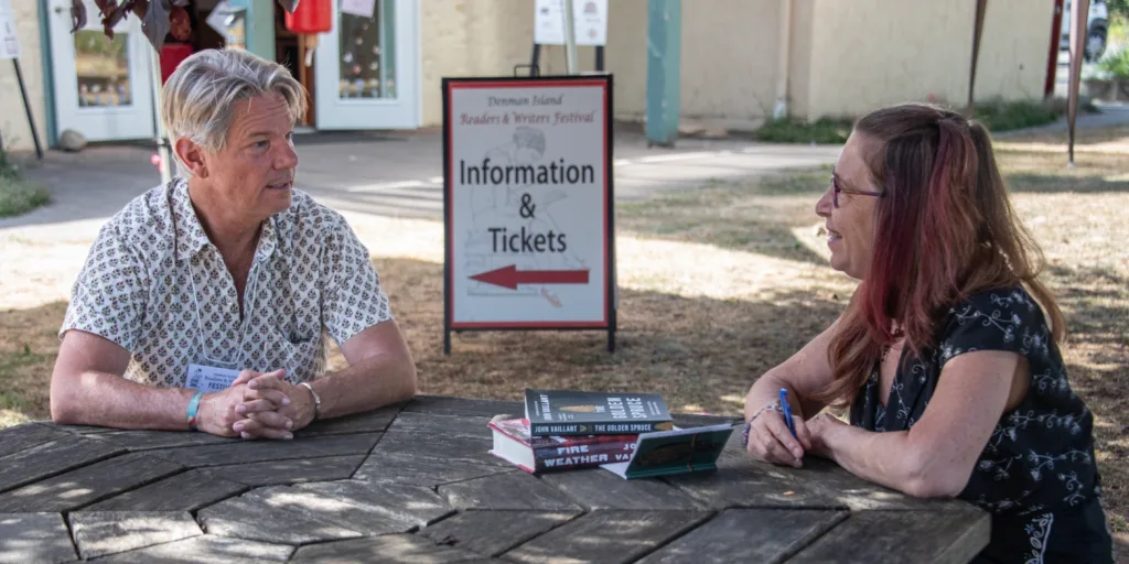 John Vaillant in conversation with interviewer at Denman Island Readers and Writers Festival 2025