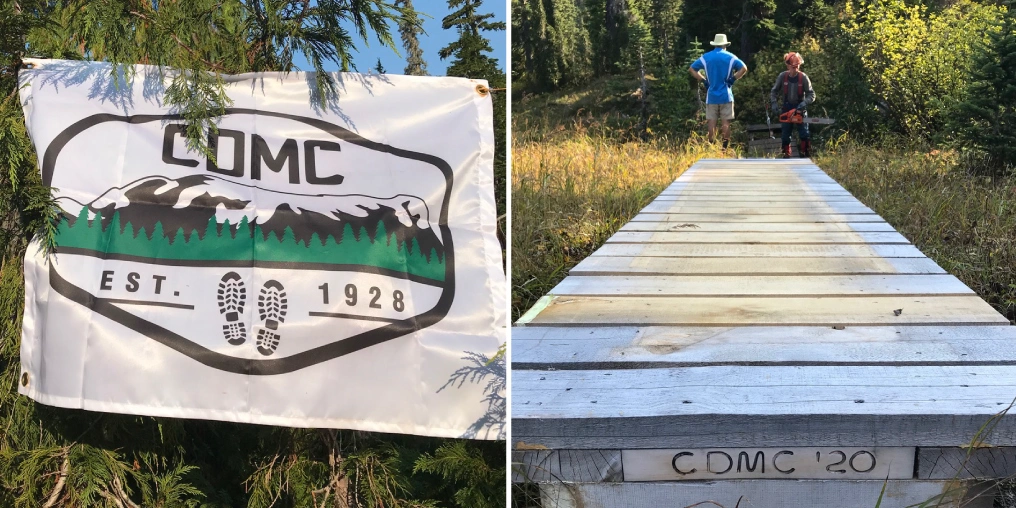 Comox District Mountaineering Club celebrates 100 years with its 2028 Hiking Challenge CDMC established 1928 banner and wooden boardwalk built by club volunteers in Strathcona Park, showcasing trail maintenance work
