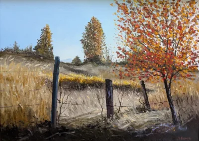 Ron Bridge landscape painting of a rural autumn scene with weathered fence and fall foliage