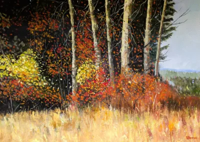Ron Bridge oil painting of white birch trees surrounded by vibrant autumn colors and golden grasses
