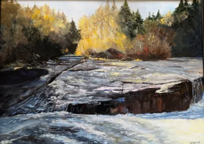 Ron Bridge oil painting of a rushing river with autumn foliage in the Comox Valley