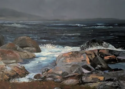 Ron Bridge dramatic seascape painting of Vancouver Island coastline with crashing waves on rocky shore