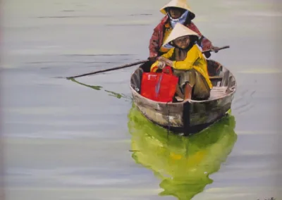 Ron Bridge oil painting of Vietnamese women in traditional hats rowing a boat, inspired by his travels