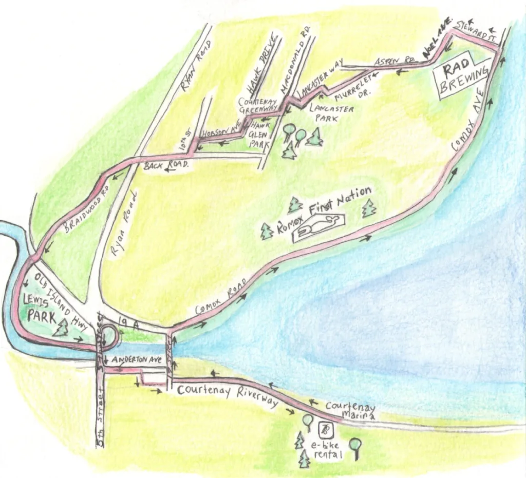Cycling route map showing the Courtenay Riverway Trail from Courtenay Marina through K'ómoks First Nation territory to Rad Brewing in Comox
