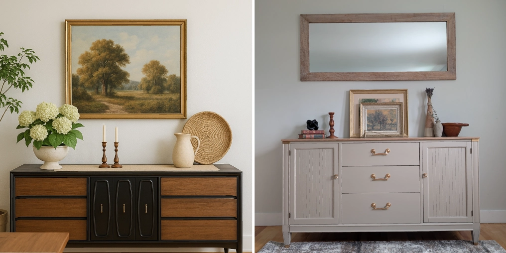 Furniture flipping before and after transformation by Flipped Side Furniture showing antique dresser restoration in Comox Valley