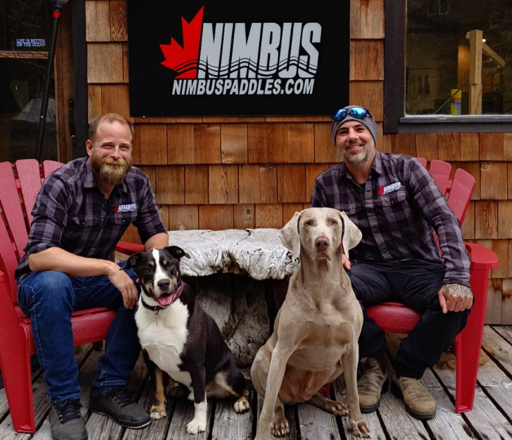 Robert Bender and Damon Stapinsky, co-owners of Nimbus Paddles, outside their Quadra Island workshop