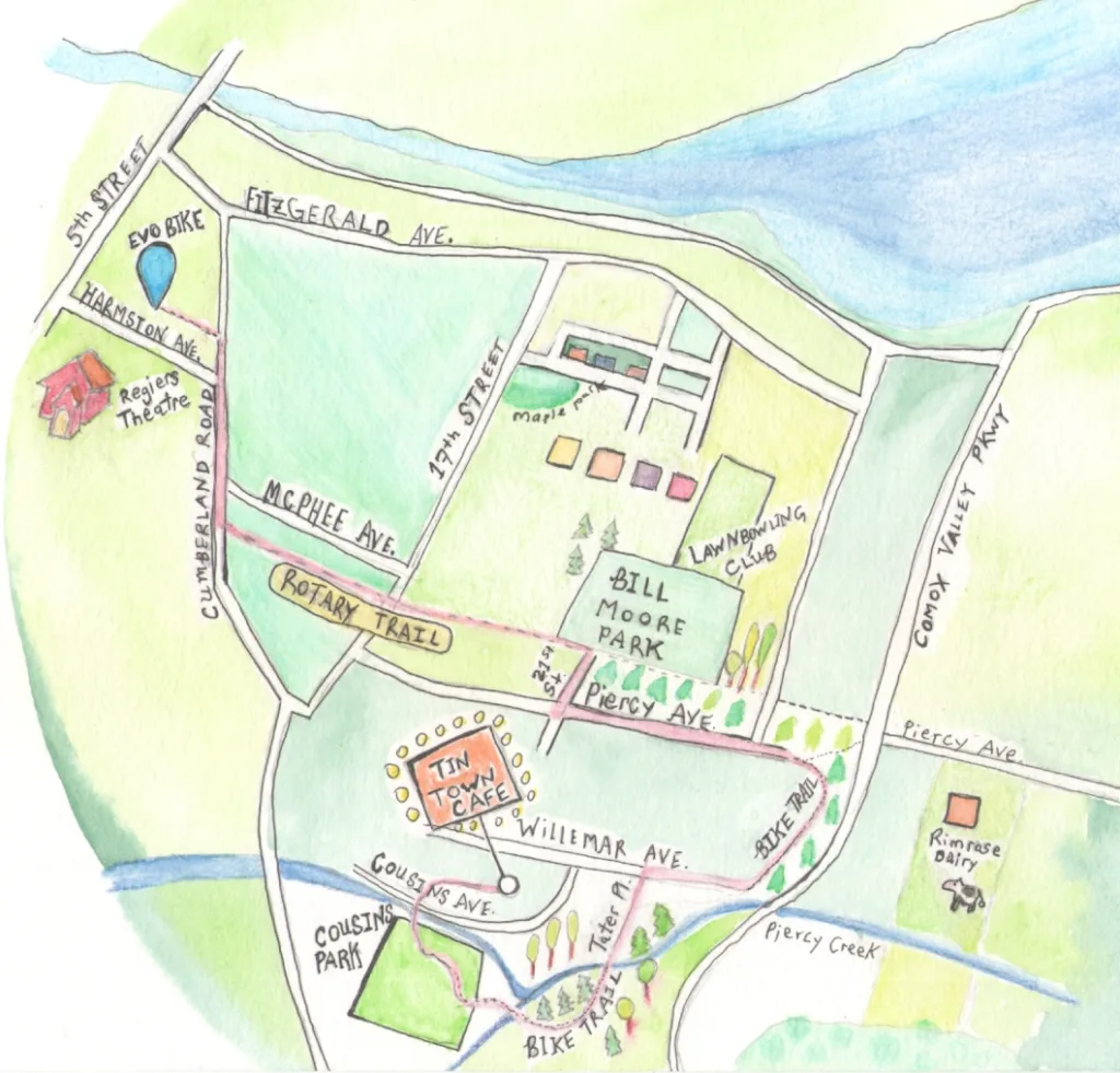 Illustrated map of the Rotary Trail cycling route in Courtenay, featuring Bill Moore Park, Tin Town Cafe, and the Regier Theatre