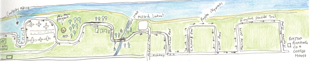 Hand-drawn map of Route 3 showing the Royston Seaside Trail from Courtenay Marina to Royston Roasting Co in the Comox Valley