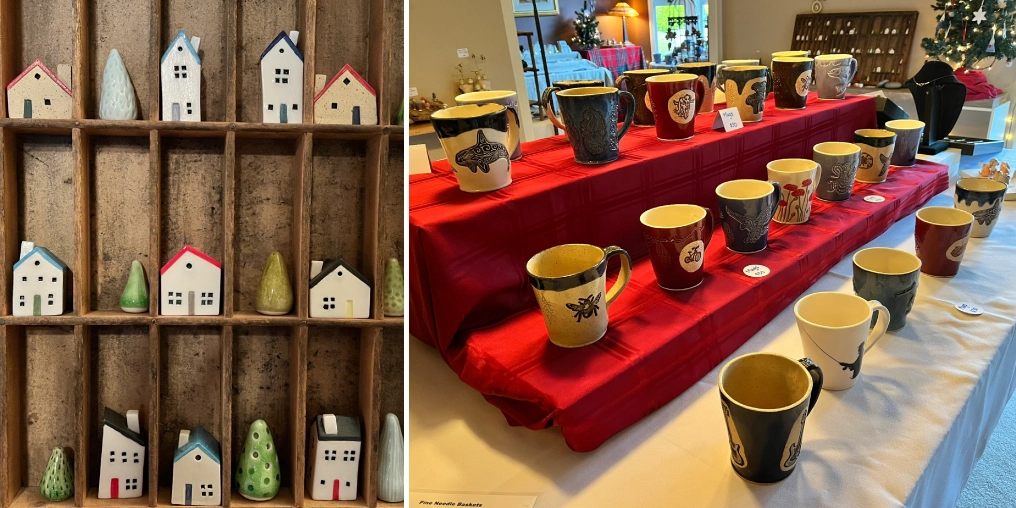 Shelter Bay Designs handmade ceramic houses and West Coast pottery mugs displayed at Campbell River artisan event