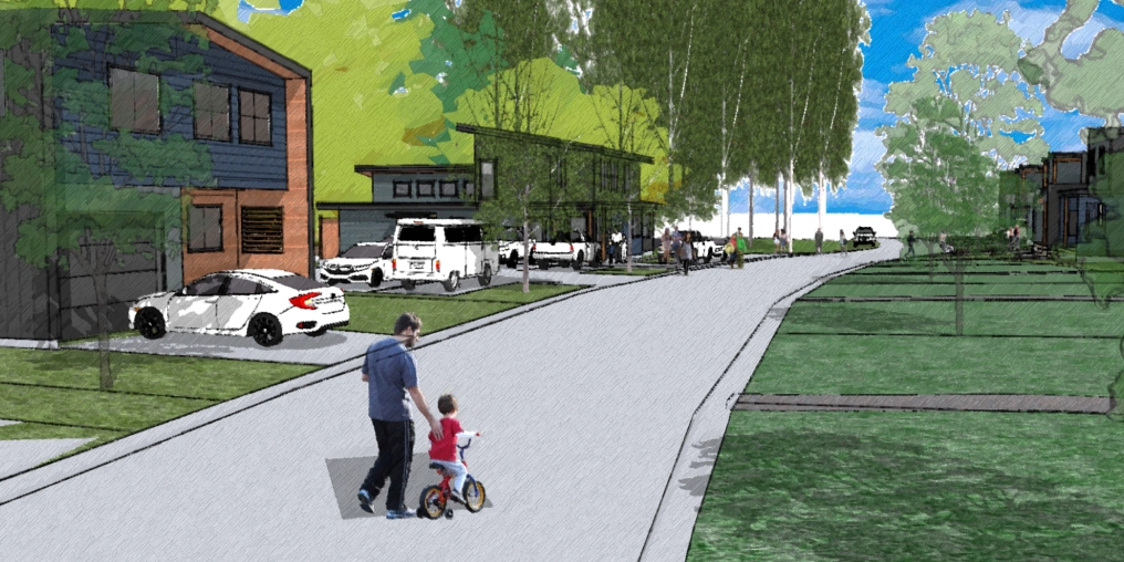 concept image of courtenay cohousing depicting a father helping a child learning to ride a bike 