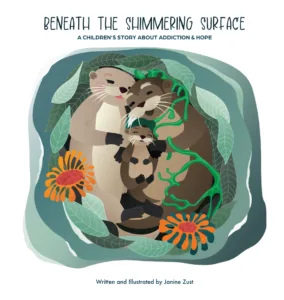 book cover for Beneath the Shimmering Surface. An illustration of a family of sea otters.