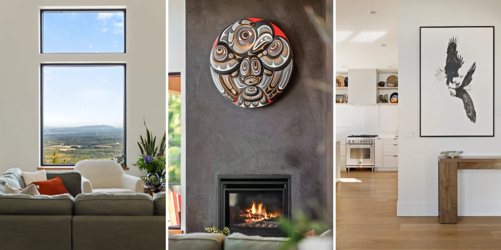 Interior details of a custom home in the hills above the Comox Valley including living room views, fireplace with Indigenous artwork, and open kitchen
