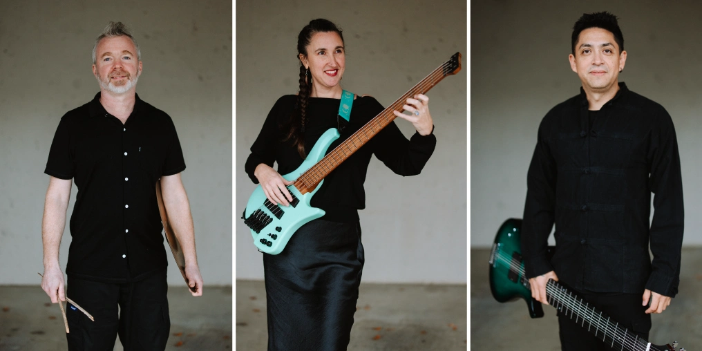 gallery of images showing individual shots of the three musicians