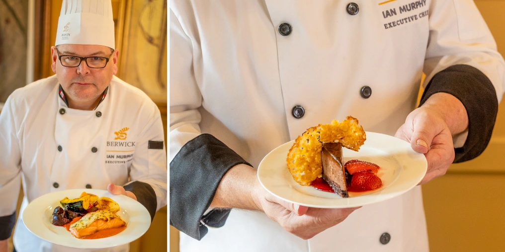 Chef Ian Murphy, Executive Chef at Berwick by the Sea retirement community in Comox Valley, presenting plated dishes