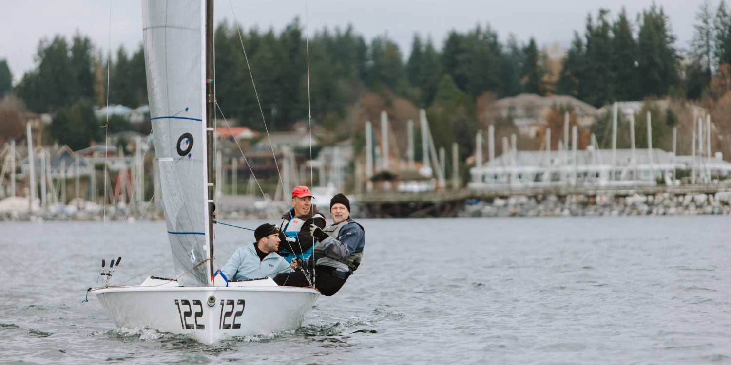 Sailors racing a VX-One skiff on Comox Bay during a Comox Bay Sailing Association clinic