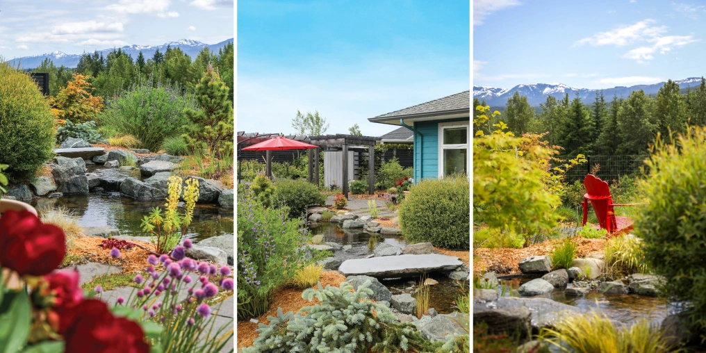 Landscape design at a Cumberland BC home featuring a naturalistic water feature, garden beds, and Comox Valley mountain views