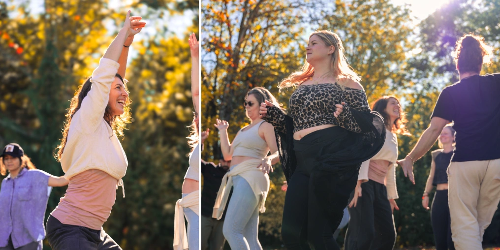 Community members dancing joyfully outdoors at a Dance Temple Comox Valley event