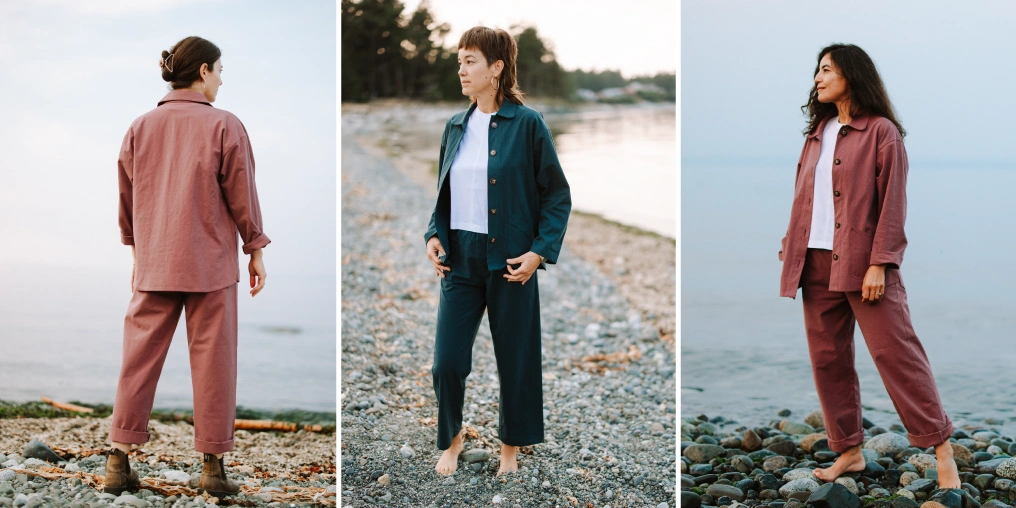 Fento Fern Jacket and Fern Pants in pink and teal — slow fashion for women, Vancouver Island