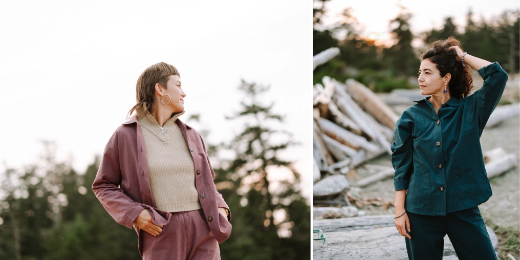 Fento sustainable women's clothing — two models wearing the Fern Jacket in pink and teal, Comox Valley