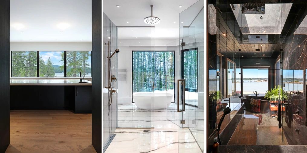 Modern Vancouver Island home interiors photographed by LSP Photo — kitchen, marble bathroom, and spa-style ensuite