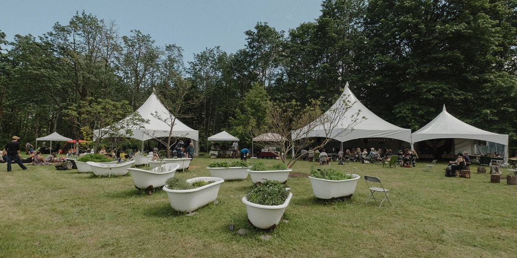 Herb planters in vintage bathtubs and event tents at the Vancouver Island Herb Gathering at Innisfree Farm