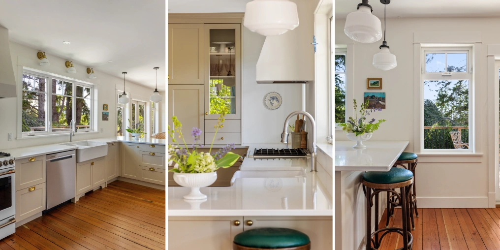 Restored farmhouse kitchen triptych showing original fir floors, shaker cabinetry, and period lighting
