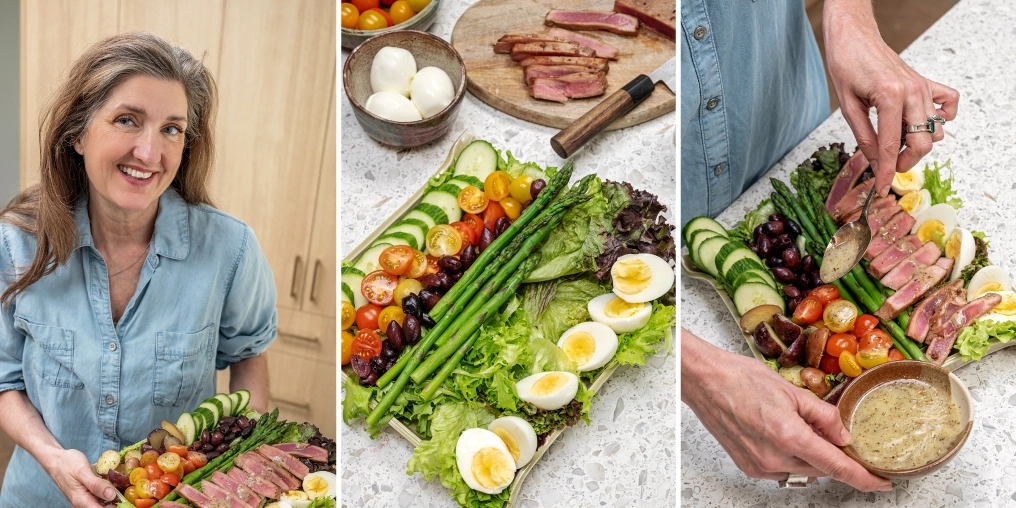 Tune up your diet to turn down your pain Chef Erin Malin preparing an anti-inflammatory diet salad with seared tuna and fresh vegetables