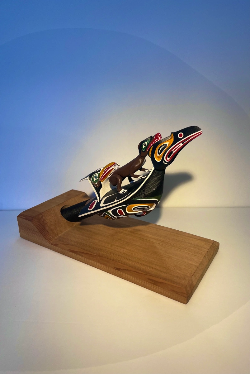 james-kwaksistala-wood-carving Carved figure on wood plinth