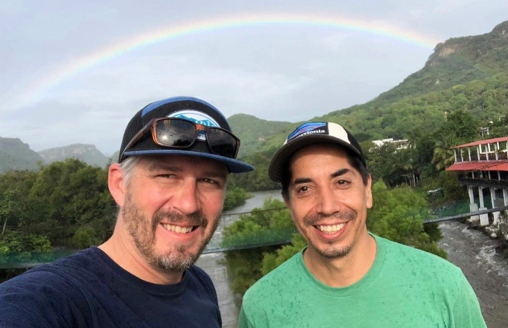 Jeremiah Skirvin and Roberto Zavaleta on the bridge over the Rio Antigua in Jalcomulco, Mexico