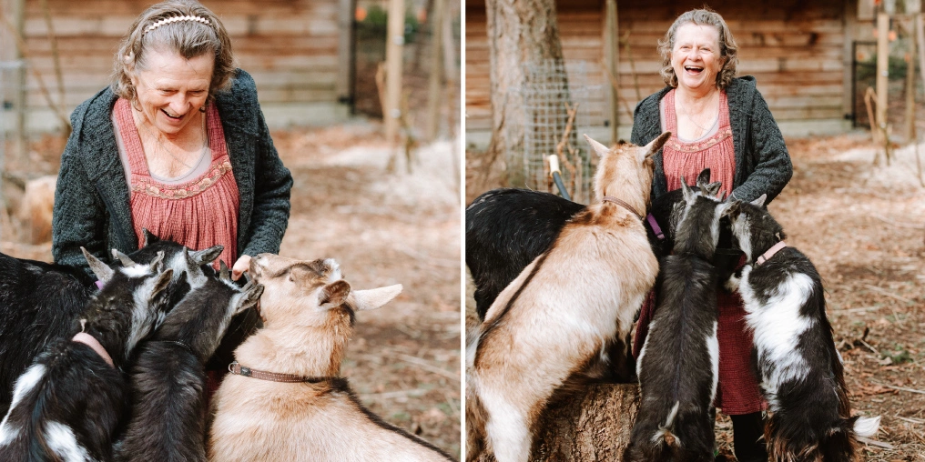 From slugs to sublime—a gardener’s journey Kim Letson laughing with her goats on her Comox Valley property