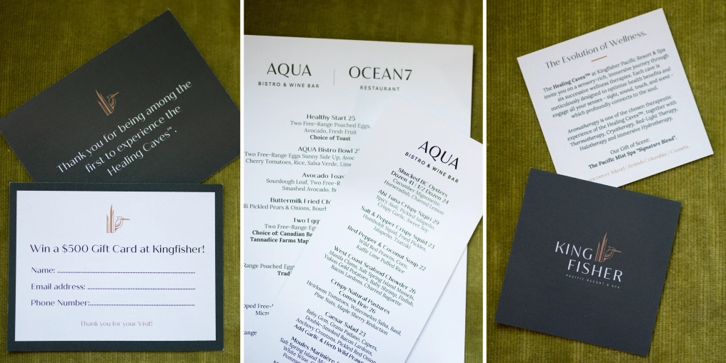 Sure Copy and the Kingfisher partner on designs that are quiet, but powerful Printed menus and guest collateral for Kingfisher Pacific Resort & Spa by Sure Copy Courtenay