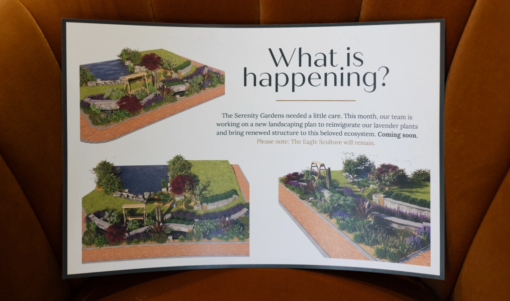Sure Copy and the Kingfisher partner on designs that are quiet, but powerful Printed display card showing the Serenity Gardens landscaping plan at Kingfisher Pacific Resort & Spa