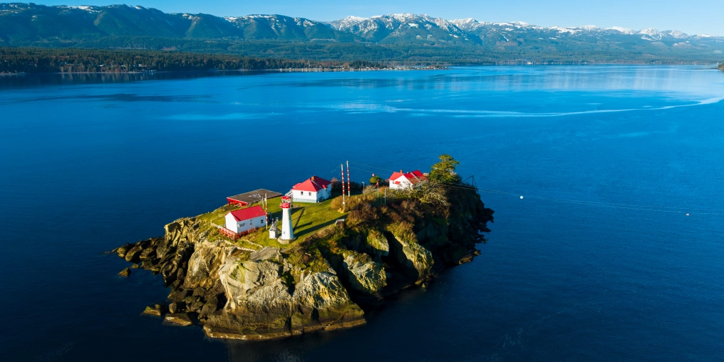 Aerial view of Chrome Island lighthouse off the coast of Lighthouse Country, Vancouver Island