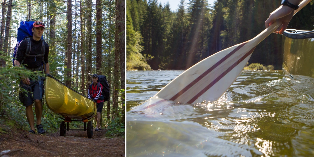 Two men hauling a yellow canoe on a cart along a Sayward Forest portage trail, and a close-up of a wooden paddle cutting through the water