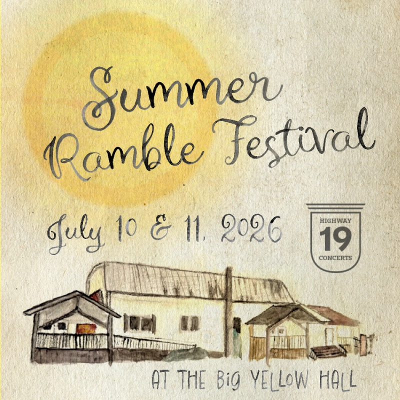 A square poster for the Summer Ramble Festival in Merville BC. The poster features a sun and a drawing of the big yellow hall.