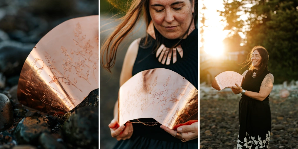 An Indigenous artist making waves in the Valley Detail shots of a hand-engraved copper piece by indigenous artist Agnes Seaweed Wisden, shown alongside the finished work at sunset