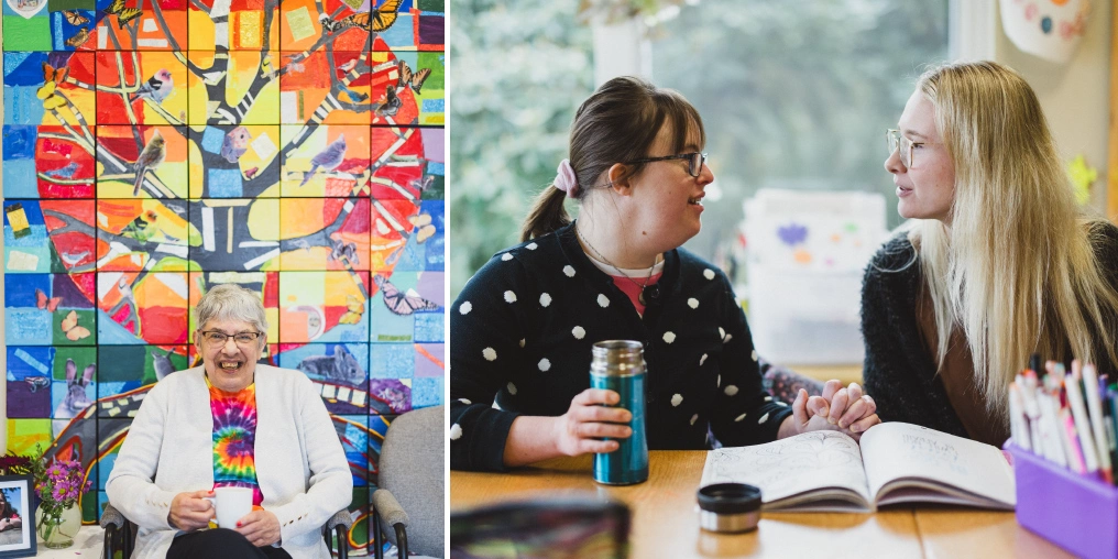 Left, a woman sits near a colourful mural; right, two women talk over a journal at a shared table