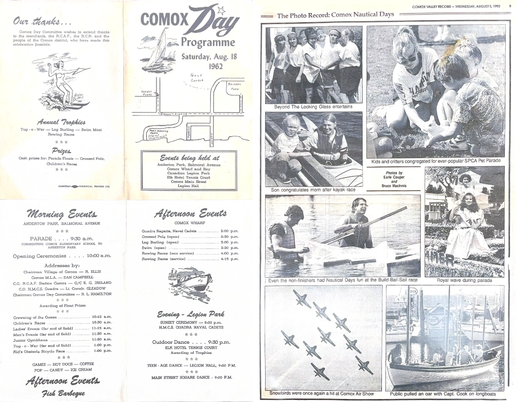 Archival Comox Valley Record coverage of Nautical Days from 1992, alongside a 1962 event programme