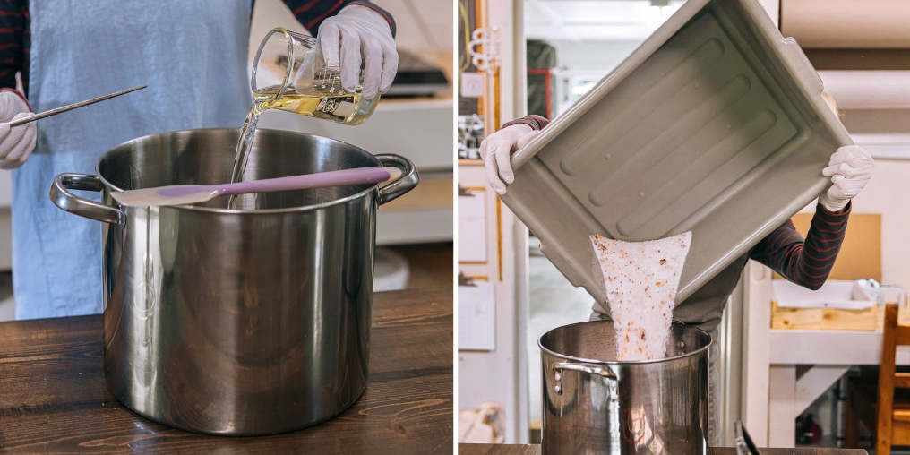 Gloved hands mixing oils and pouring soap batter during the soapmaking process at Rosco Emmit